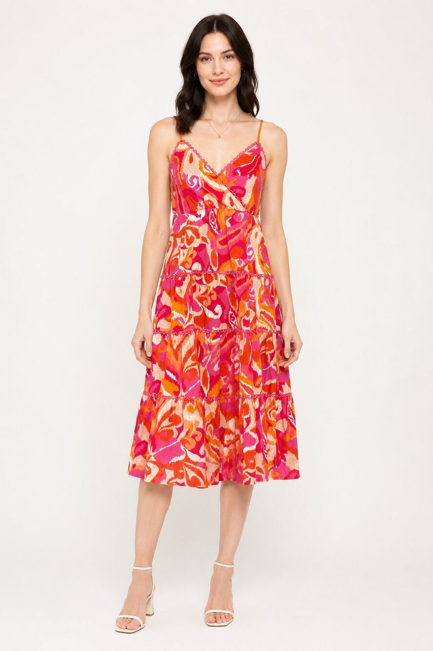 Pinch Sleeveless V Neck Tiered Midi Dress Pink Orange Womens Size Small New
